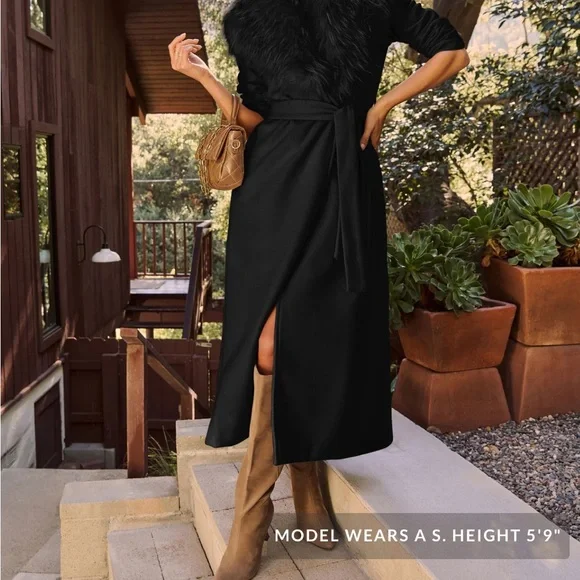 Zara Black long coat with Faux Fur Trim - Picture 6 of 6